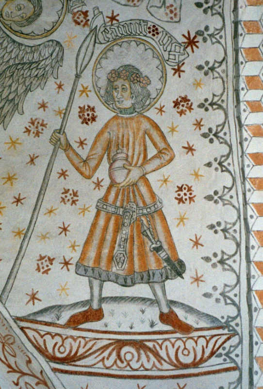 Holy Knud on the medieval wall painting in the Wigsteads Church