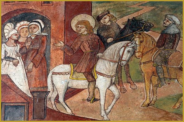 fresco illustrating Saint Gangolf who leaves the castle in the presence of 2 knights, in the choir of the Saint-Gangolphe chapel of Schweighouse-Lautenbach in Alsace