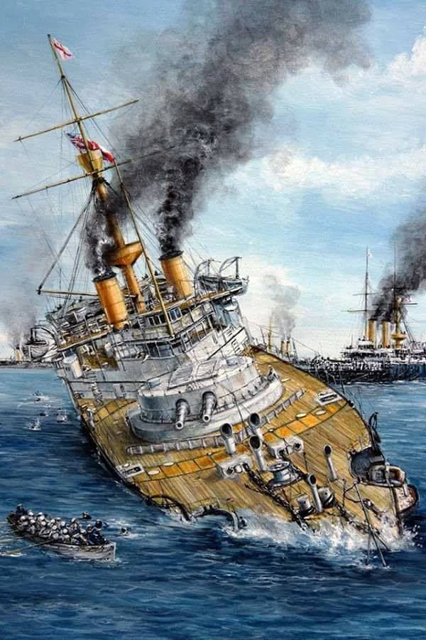 HMS Victoria sinking after collision with HMS Camperdown, 1893. Art by Lukasz Kasperczyk.